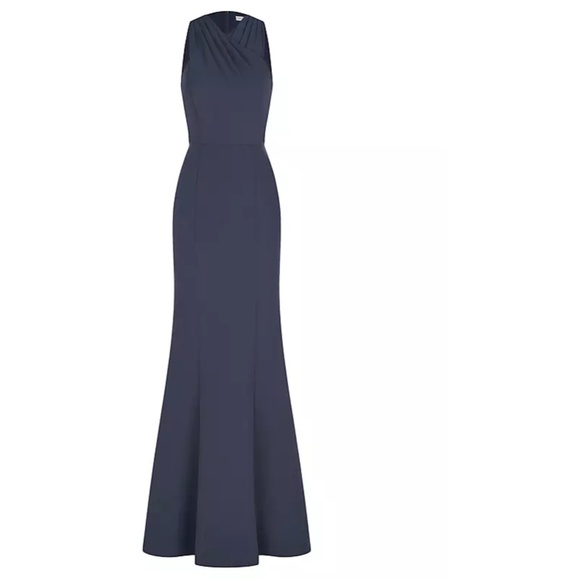 NEW KAY UNGER Prussian Blue TALIA Stretch Crepe PLEATED HALTER Column GOWN 2 - Picture 9 of 12